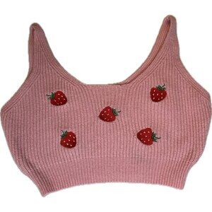 SheIn Embroidered Strawberry Knit sleeveless tank Top cropped pink shirt S 4